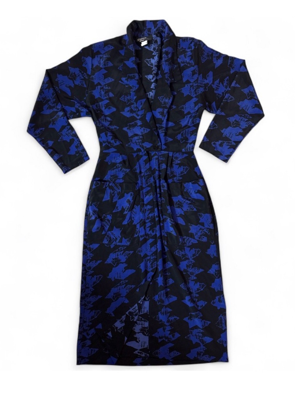 Black and Blue Printed Long-Sleeve Wrap Dress-Vintage